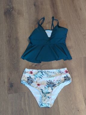 Teal Peplum Tankini Top with Floral Bikini Bottom